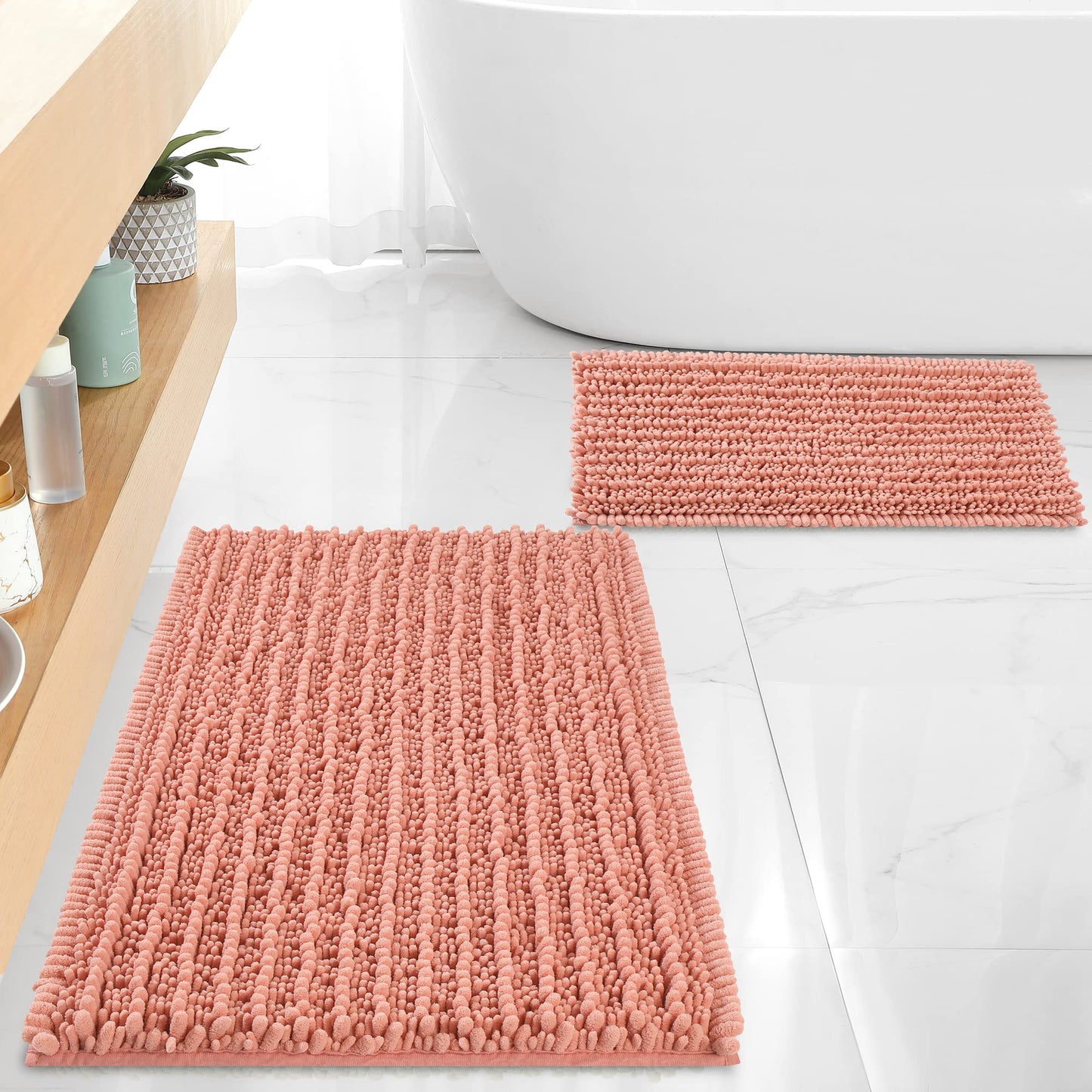 FLOLEOPA Chenille Coral Pink Bath Mat, Luxury Handmade Bathroom Rug, Non Slip, Extra Soft, Absorbent, Machine Washable, 32'x20' Plus 17'x24'