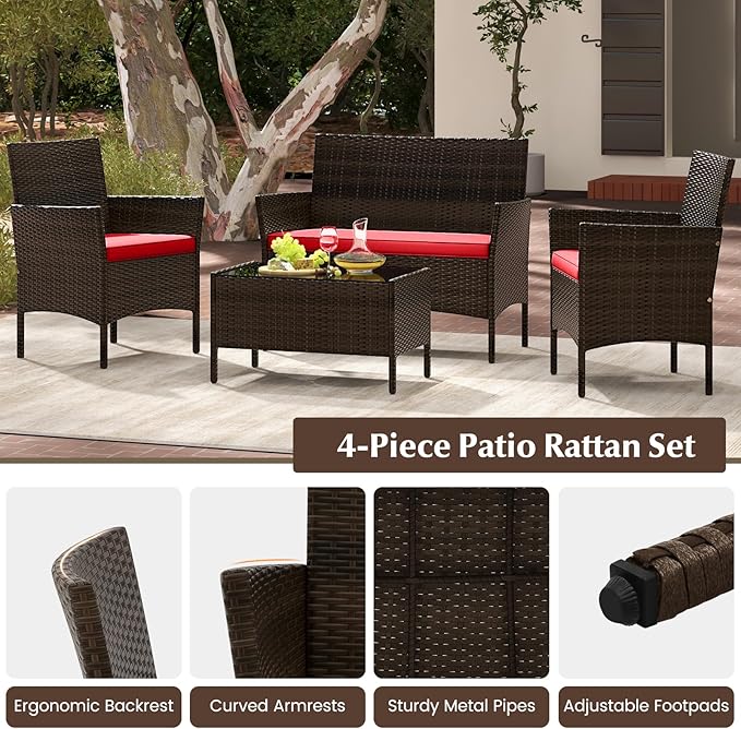 KOTEK 4 Piece Patio Furniture Set, Outdoor Rattan Conversation Set with Loveseat, Wicker Chairs, Tempered Glass Coffee Table, Wicker Patio Set for Backyard, Porch (Red)