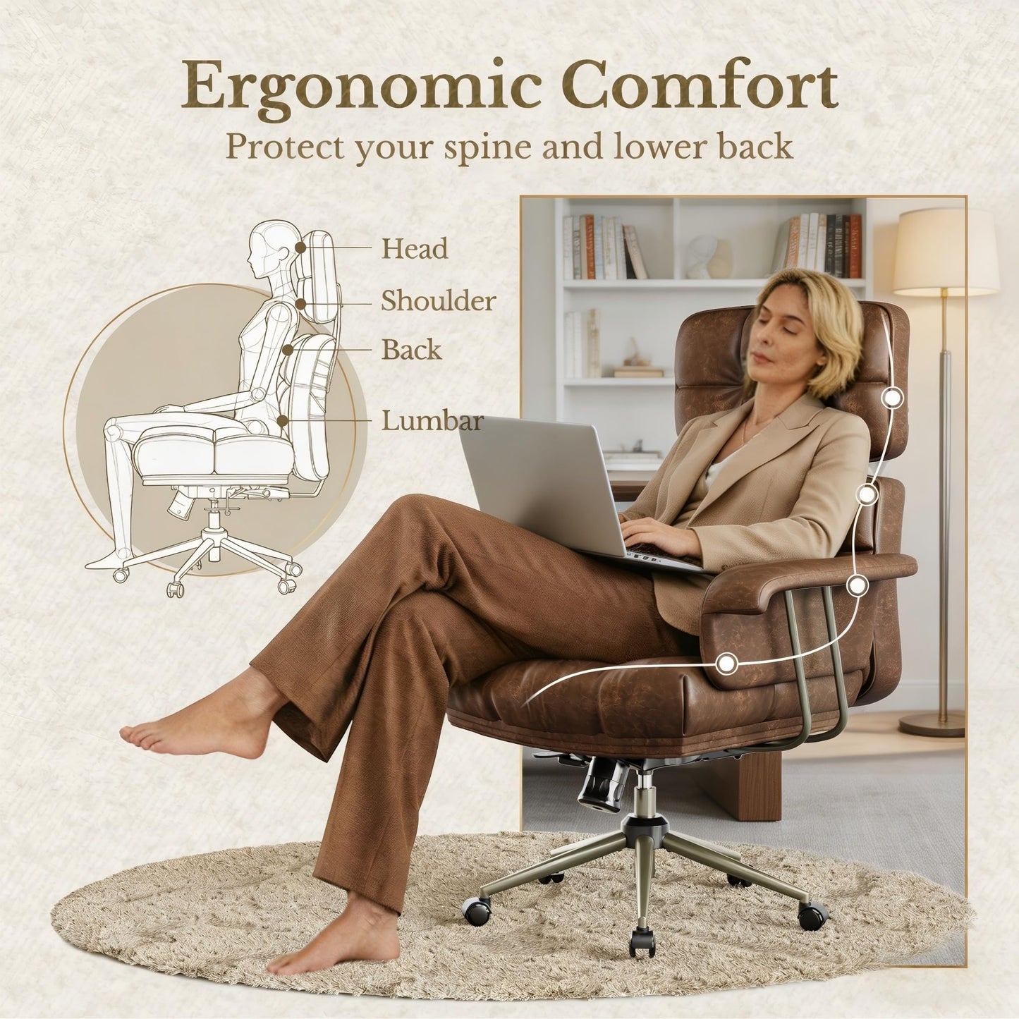 Marsail Executive Office Chair, PU Leather Ergonomic Desk Chair with Thick Cushion & Lumbar Support, Mid-Century Modern Swivel Computer Chair for Home Office, Brown