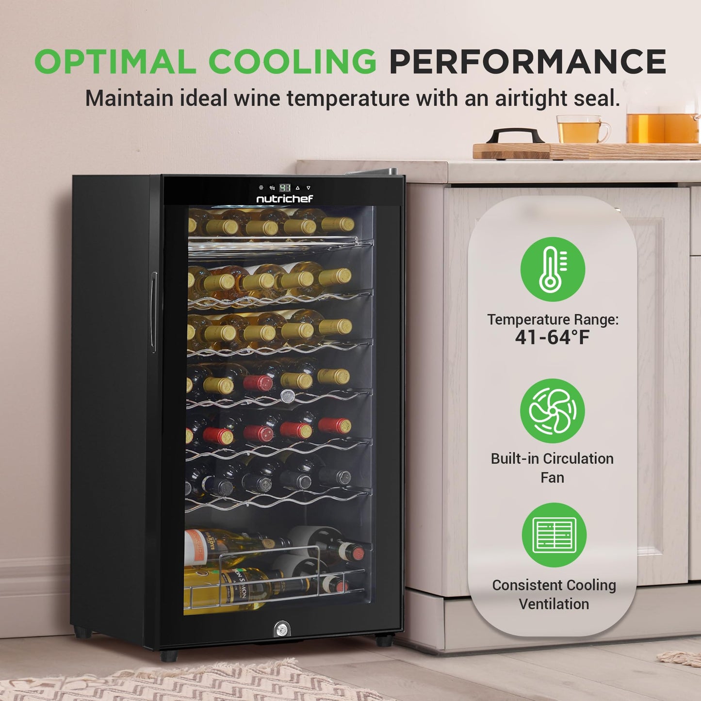 Nutrichef 34 Bottle Wine Fridge | Single Zone Wine Chiller Great for both Red & White Wines | Adjustable Temp 41°F - 64°F | Ultra Quiet Operation | Wine Cooler for Home & Office | 33x19x17 IN (Black)