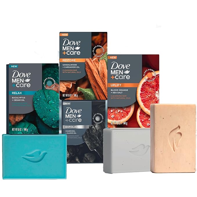 Dove Men+Care Cleansing Soap Bar 4 Count to Rebuild Skin in the Shower Mixed Formulated Plant Based Ingredients 3.51 Oz