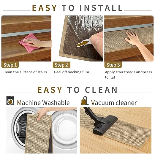 Stair Treads Non Slip for Wooden Steps Indoor 10" x 30" 8 Pack Extra Wide Stair Tread Carpet Stairs Runner, Step Pads with Reusable Adhesive for Dogs Kids Elders, Machine Washable, Beige