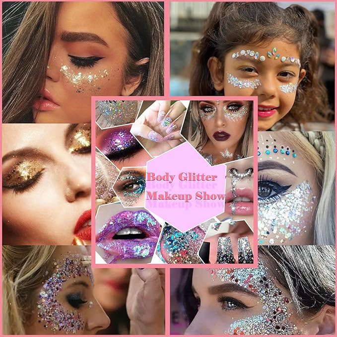 Body Glitter Face Glitter Gel: Singer Concerts Disco Festival Rave Accessories Face Glitter Makeup 100ml Chunky Sequins Mermaid Face Body Hair Glitter Gel (2 Pink)