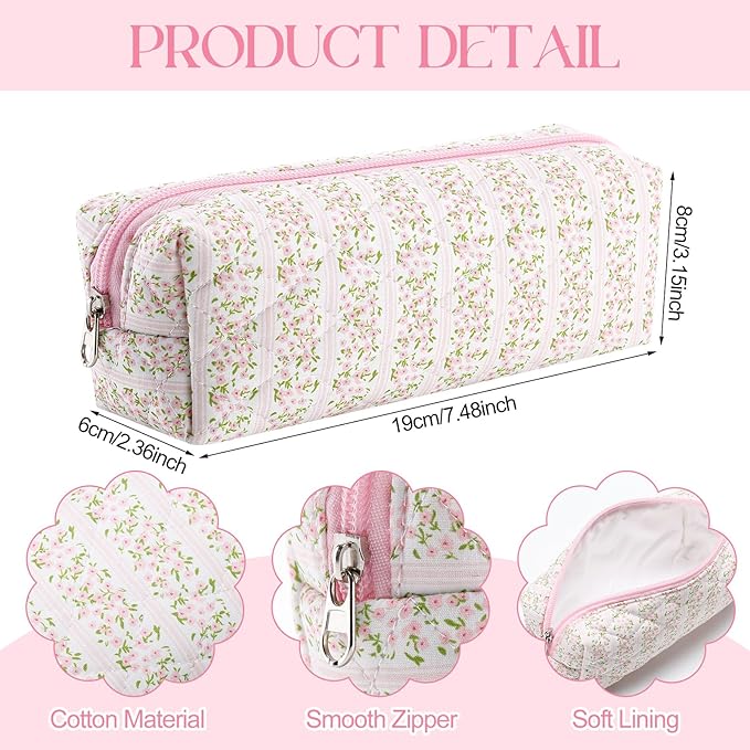 Paterr Aesthetic Floral Makeup Bag Travel Cosmetic Bag for Women Gift Christmas Portable Quilted Makeup Pouch Cotton Pencil Case Kawaii Cute Toiletry Organizer Case for Women Girls(Pink Floral)