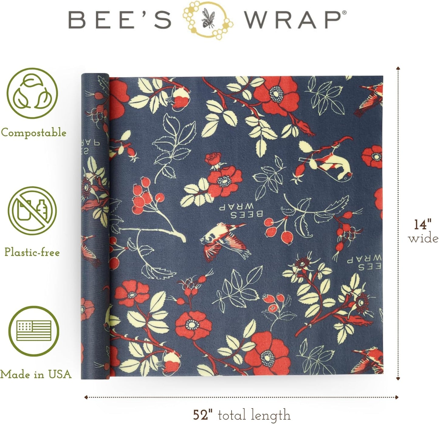 Bee's Wrap Beeswax Wraps for Food - Cut to Size 14x52" Wax Paper Roll - Made in USA Reusable Waxed Paper & Bowl Covers - Organic & Eco-Friendly Alternative to Aluminum Foil & Plastic Wrap, Botanical