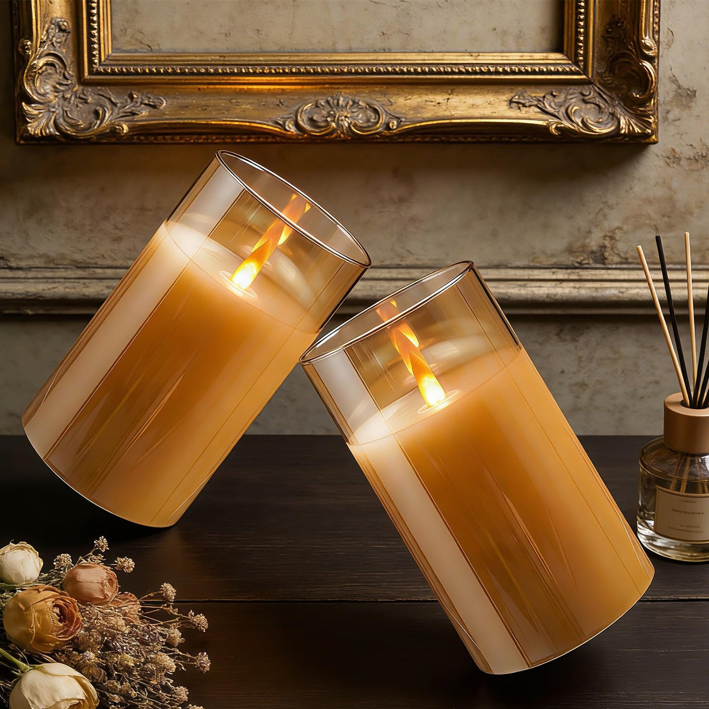 haitanghua 2 - Pack 6" Golden Rechargeable Flameless Pillar Candles with Remote & Timers，USB-Rechargeable Realistic Flickering Candles Real Wax - Ideal for Wedding & Festival Home Decoration