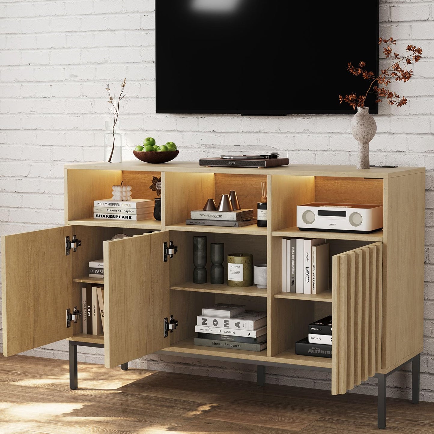 Svimi Oak Multifunctional Storage Cabinet with Charging Station, LED Light, 15"D x 47.2"W x 31.4"H, Beige, Ideal for Kitchen, Entryway, Office