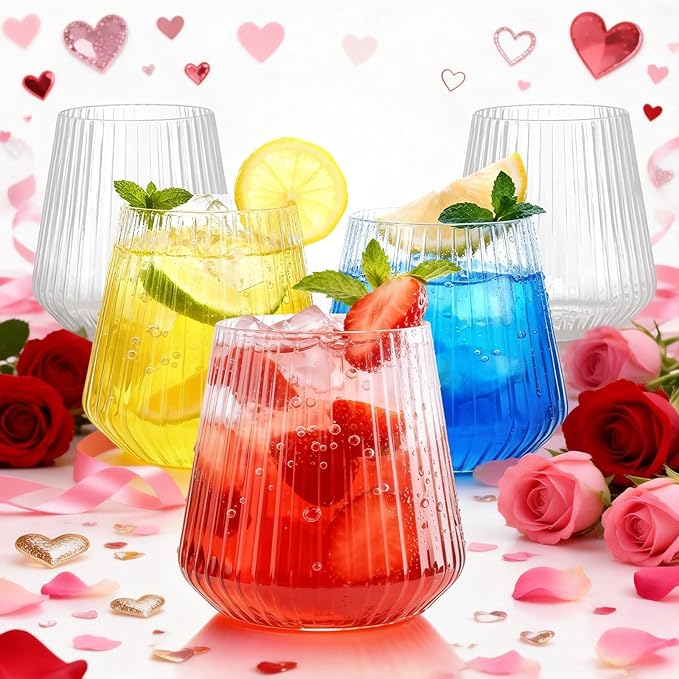 BESTSTAR 36 Pcs 12 oz Plastic Clear Ribbed Wine Glasses, Origami Ripple Disposable Champagne Glasses Elegant Whiskey Glass...