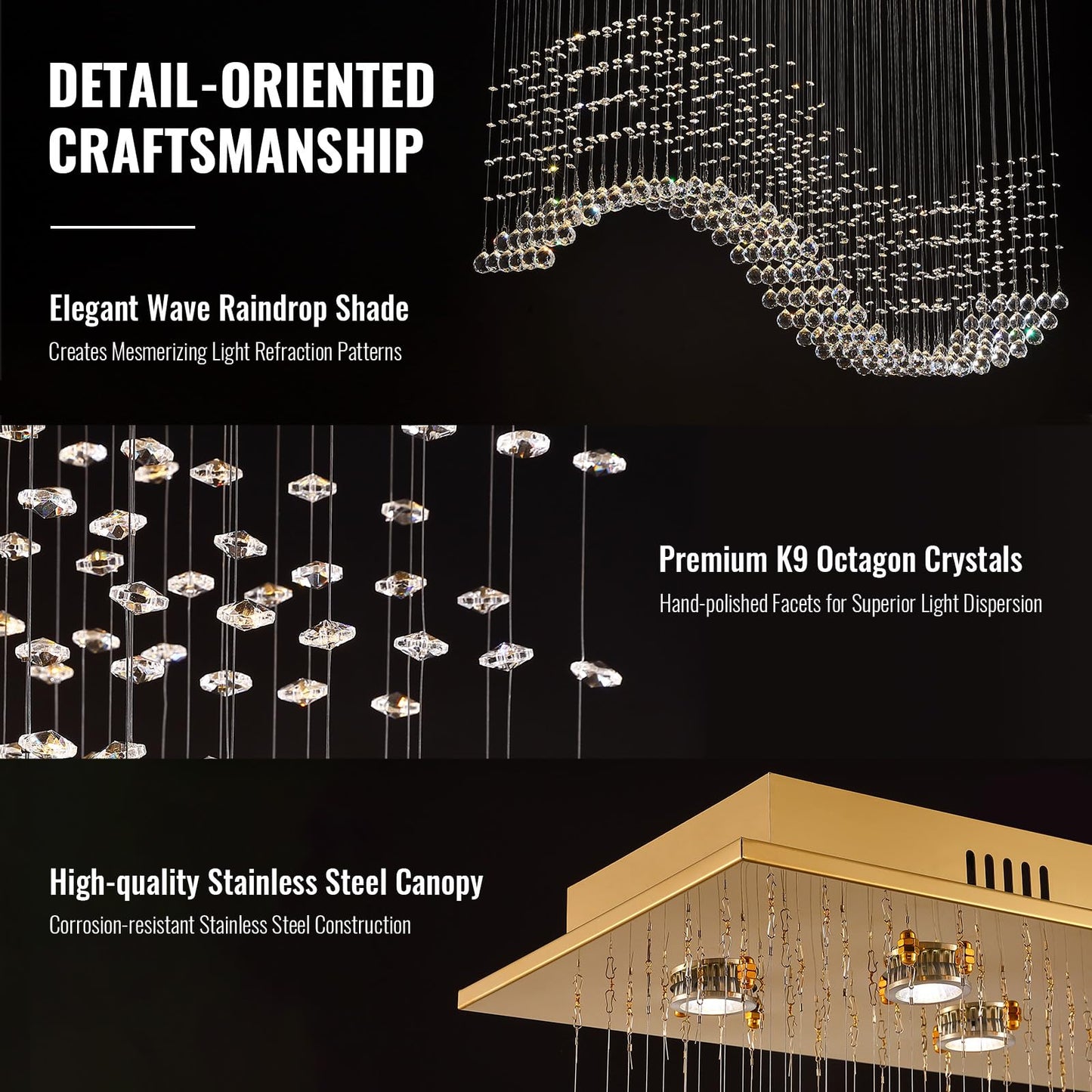 Siljoy 12-Lights Modern Crystal Chandeliers, Luxury Wave Raindrop Crystal Pedant Light Fixture, Rectangular Flush Mount Ceiling Light for Dining Room Living Room Kitchen Island 47 Inch