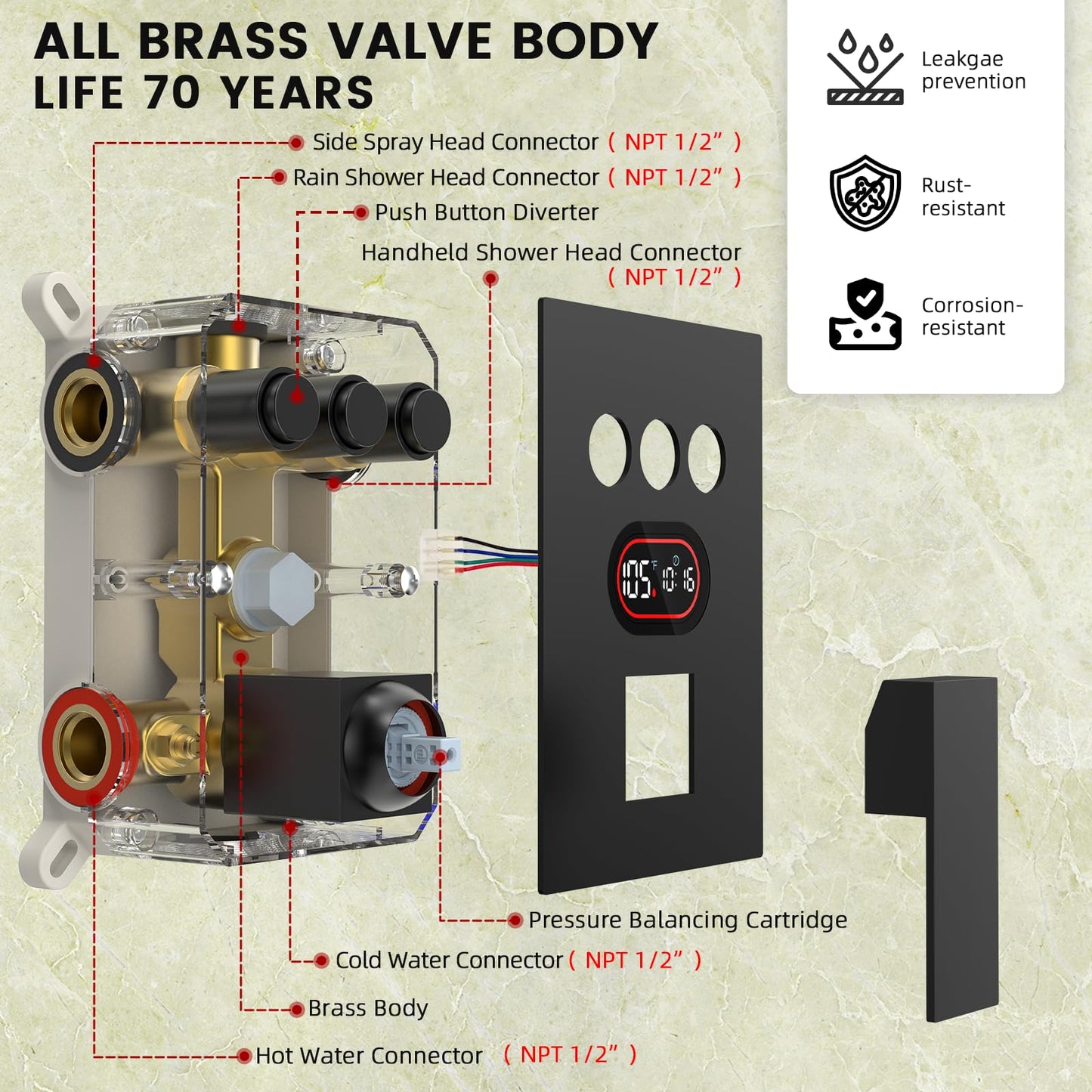 Push Button Diverter Shower Faucet Set Hydro Power Temperature Display, Shower System Wall Mounted 10" & 6" Shower Head with 3-Spary Handheld, Shower Fixtures with Valve and Trim Kit, Matte Black
