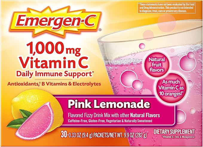 Emergen-C 1000mg Vitamin C Immune Support Powder Pink Lemonade 30CT includes Zinc, Manganese, 7 B Vitamins and Electrolyte...