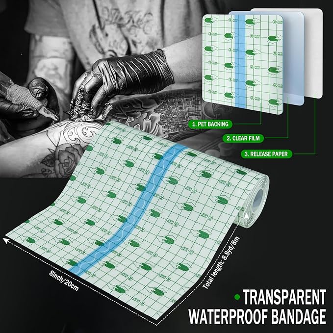 Second Skin Tattoo Cover Tattoo Aftercare Bandage Transparent and Waterproof for Medium and Large Tattoos Initial Healing (Roll 8 in x 8.8 yd)
