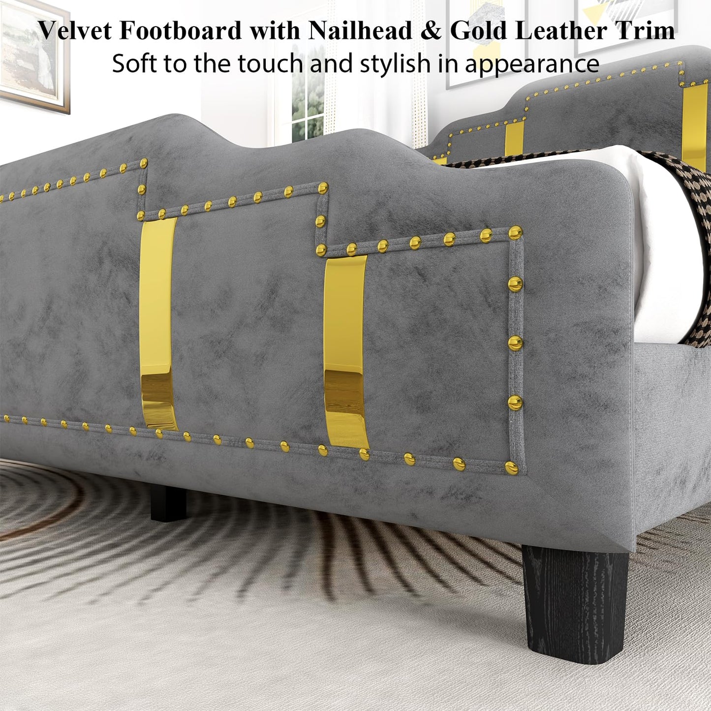 Full Size Bed Frame with Headboard, Velvet Upholstered Platform Bed Frame with Charging Station, Nailhead Trim & Shiny Decor, Solid Wood Slats Support, No Box Spring Needed, Easy Assembly, Grey