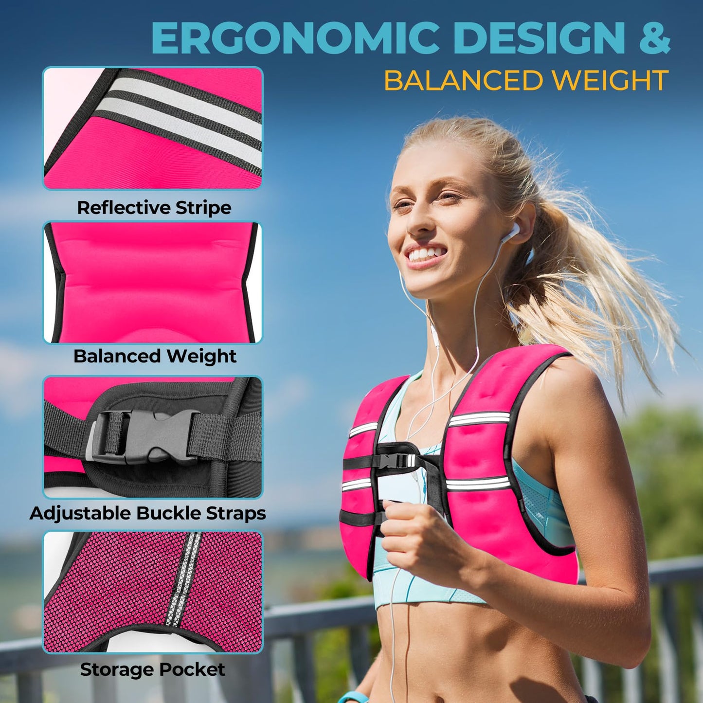 Weighted Vest, 8lb/12lb/16lb/20lb Weight Vest with Reflective Stripes for Men Women, Two Adjustment Straps for Workout, Strength Training, Running, Fitness, Muscle Building, Weight Loss (12lb)