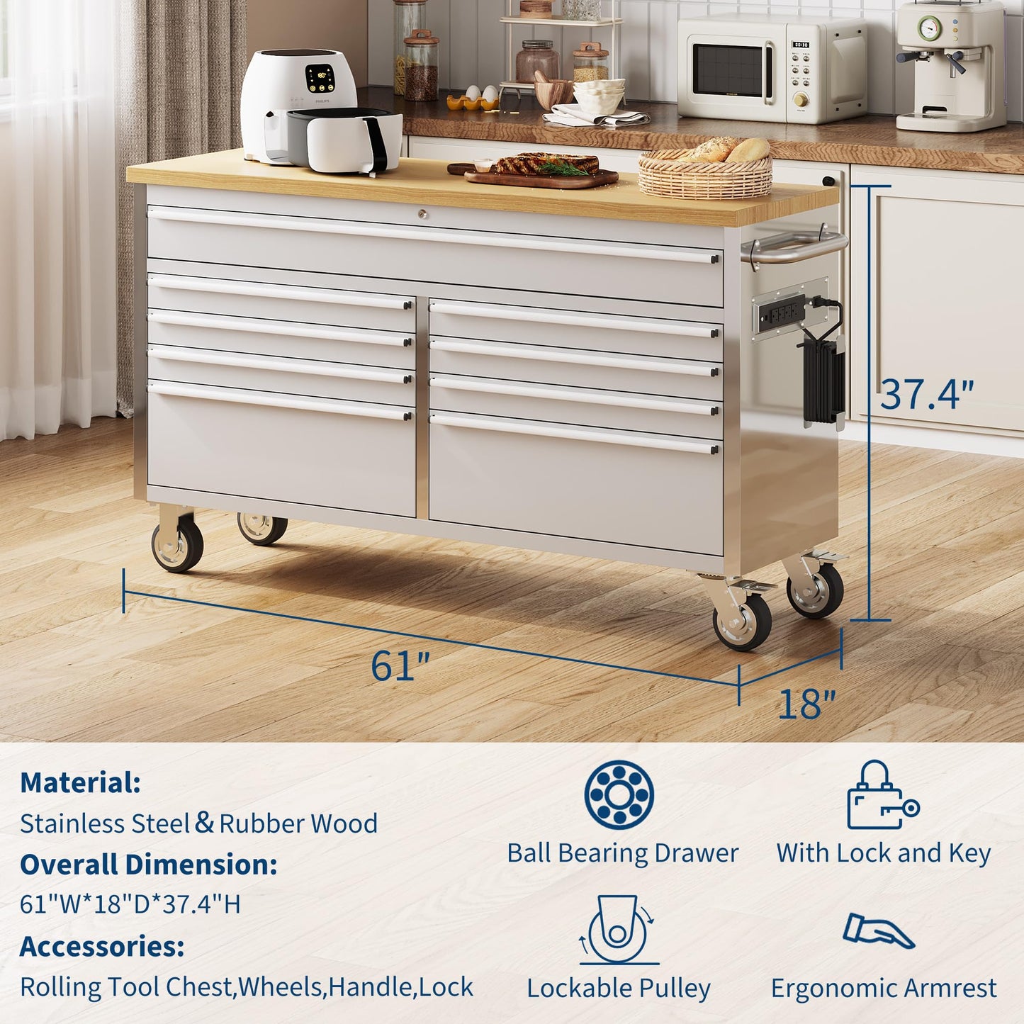 GarveeTech 61 in Tool Chest, Tool Box Mobile 9 Drawers Storage Rolling Cabinet with Wheels Lock Key Locking System Drawer Liners for Garage Warehouse Repair Shop