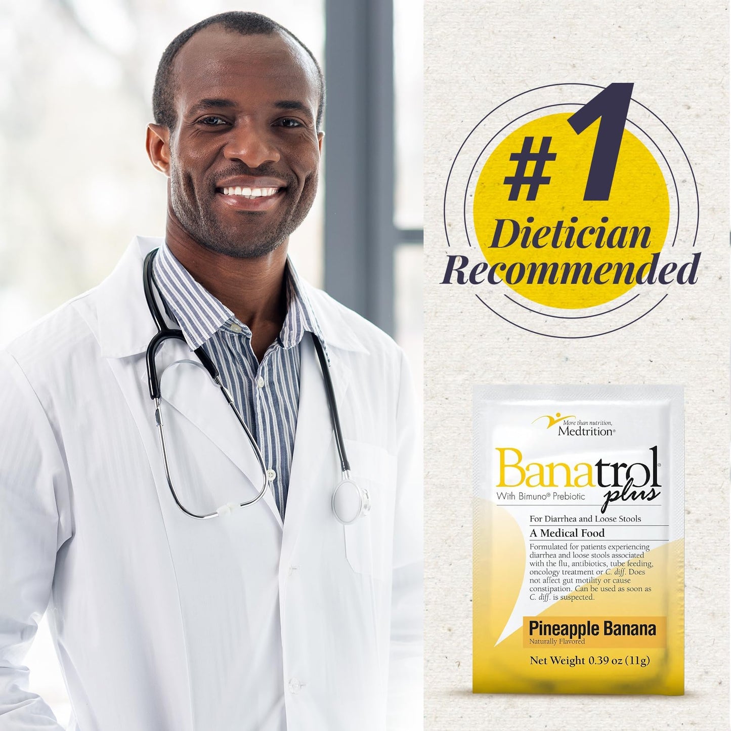 Banatrol® Natural Anti-Diarrheal with Prebiotics, Relief from Chronic Diarrhea, IBS, Recurring Diarrhea, Clinically Supported Medical Food, Non-Constipating, 75 Servings (Pineapple)