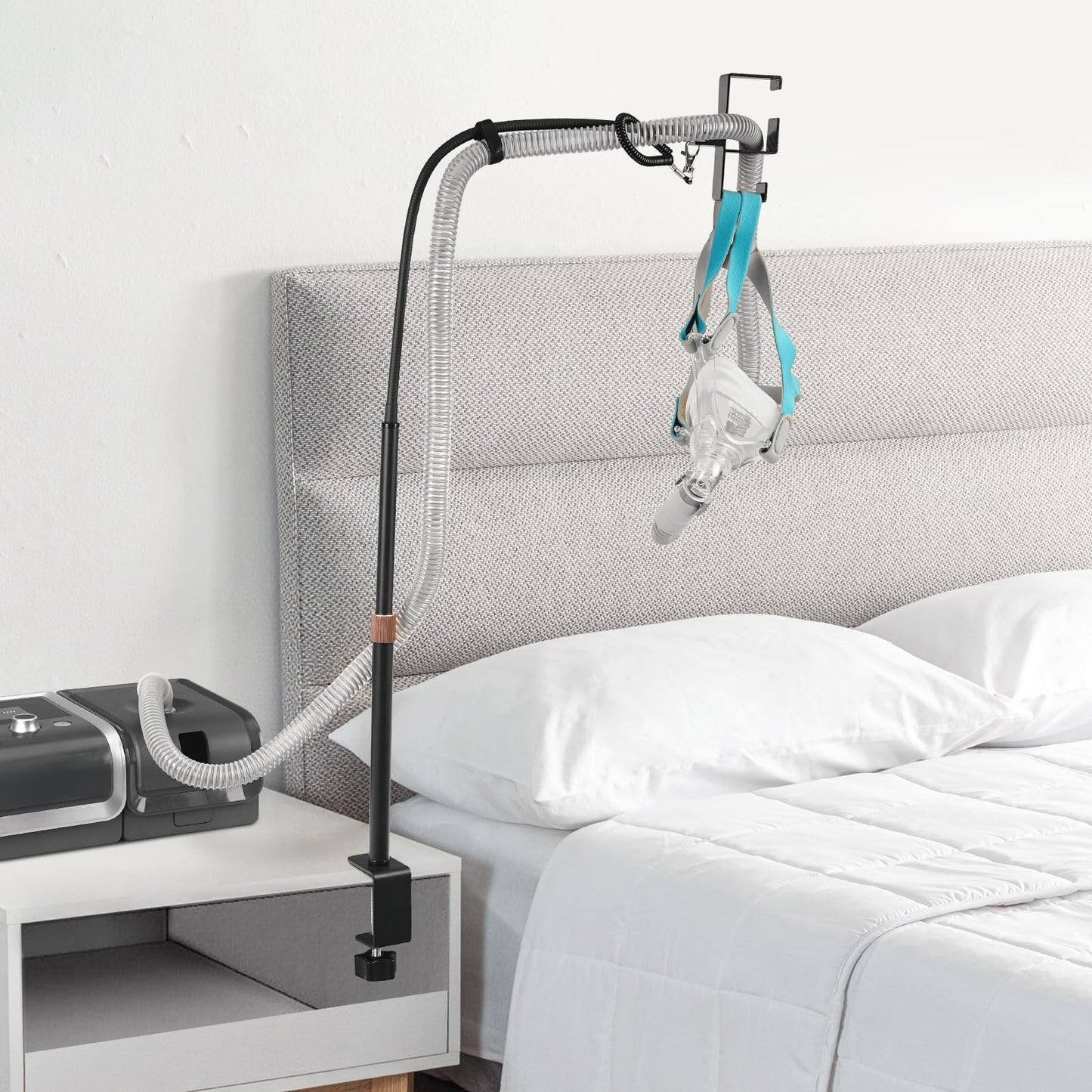 CPAP Hose Holder for Bedside – All-Metal CPAP Hose Hanger with Aluminum Hook, Easy Clip-On CPAP Stand for Travel – No Wall Damage, Fits ResMed, Philips, AirSense Tubing