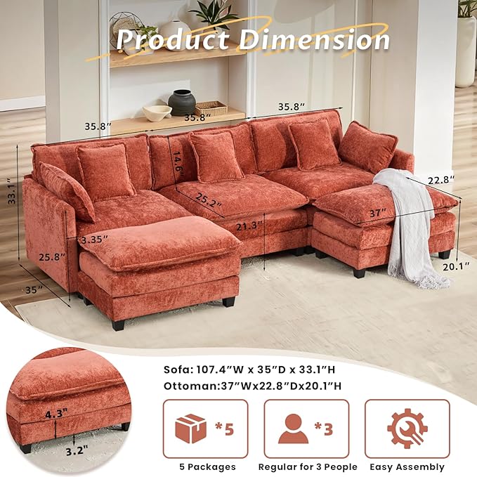 SoarFlash 113.78" Chenille Sectional Sofa, Comfy U Shaped Modular Coush Sofa with Ottoman, Modern 4 Seat Couch Deep Seat Sofa Set for Living Room,Orange