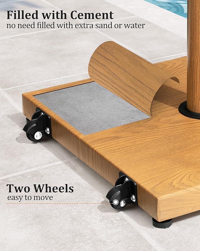 JOINHOM 42lbs Patio Umbrella Base with Wheels - Heavy Duty Outdoor Patio Market Umbrella Stand for Deck, Poolside, Balcony, Wind-Resistant Design, Decorative Wood Pattern