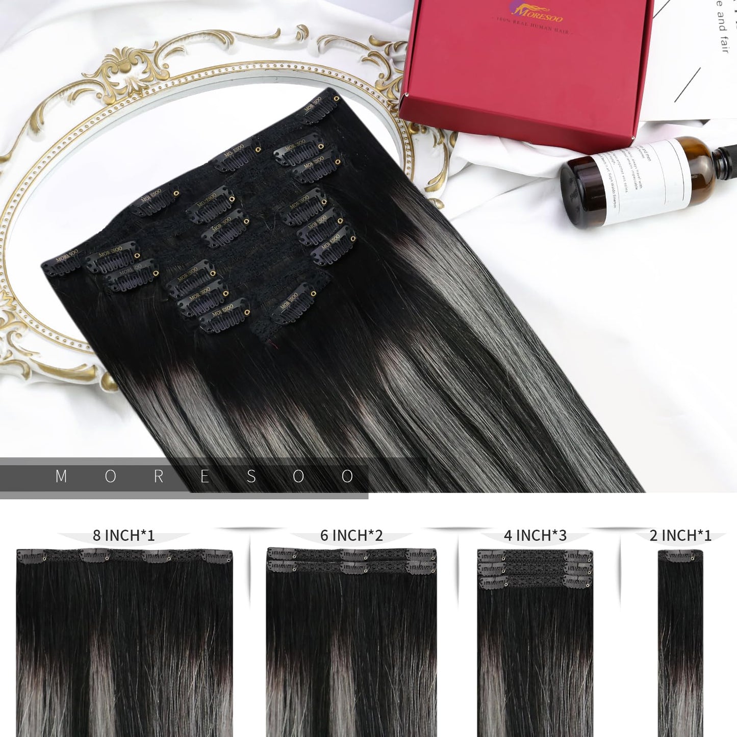 Moresoo Clip in Hair Extensions Black Ombre Grey Remy Double Weft Hair Extensions Clip ins Real Human Hair Balayage Black and Si