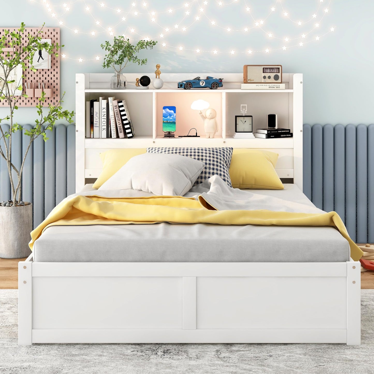 Full Size Storage Bed with Bookcase Headboard and Trundle, Wood Platform Bed Frame with Charging Station, Pull Out Shelves and Drawers for Kids Teens Adults, No Box Spring Needed,White