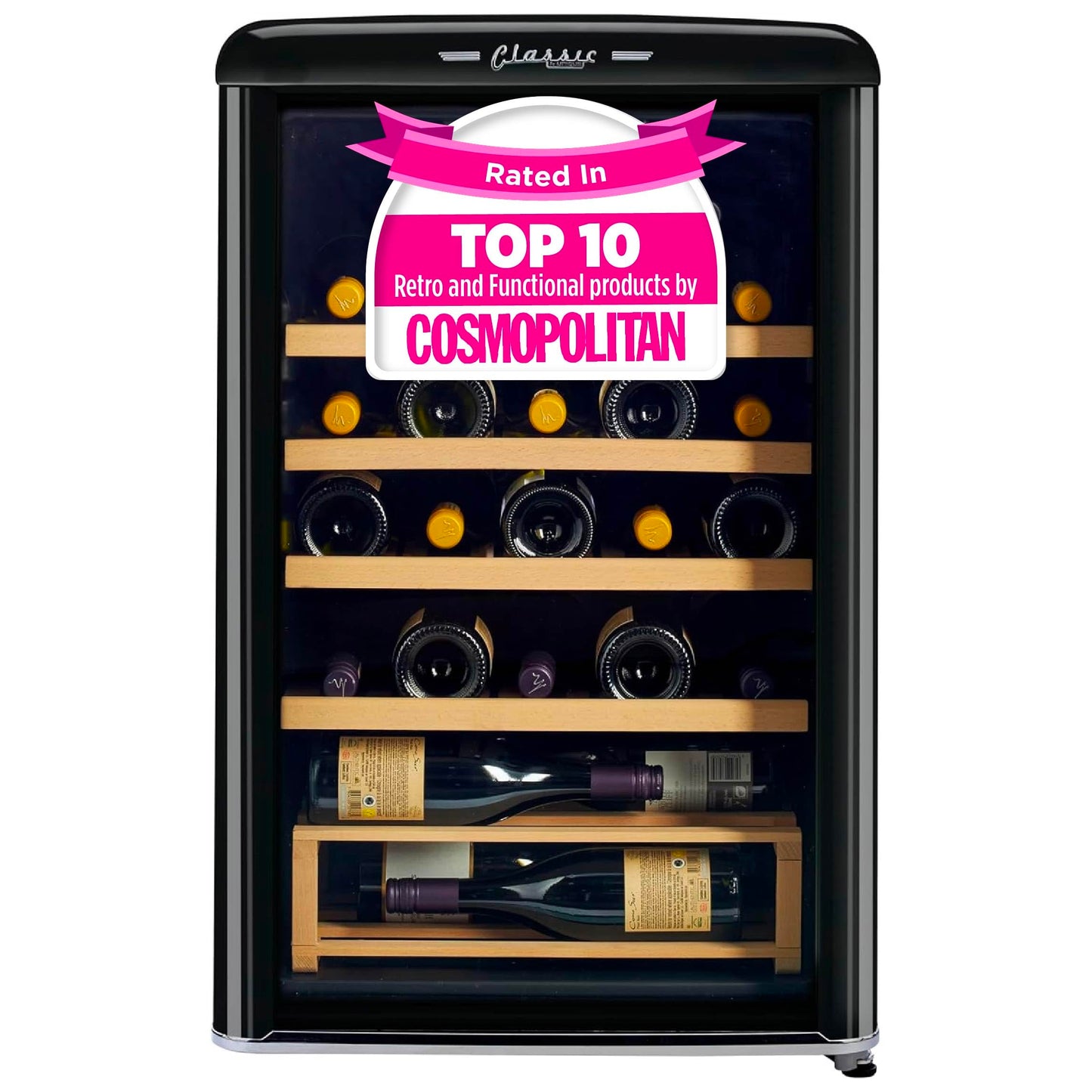 Unique Appliances Classic Retro Electric Wine Cooler, 28-Bottle Wine Fridge with Adjustable Wooden Shelves and Intuitive Digital Control Panel, Single Zone, 21", Midnight Black