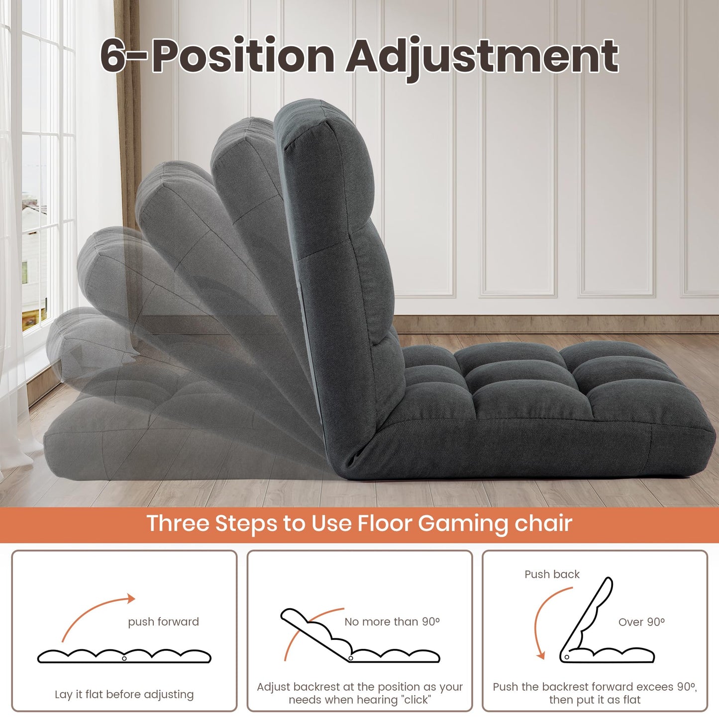 HOMYEDAMIC Floor Chair with Back Support with 6 Adjustable Position, Recliner, Folding Gaming, Meditation Chair for Adults (Grey)