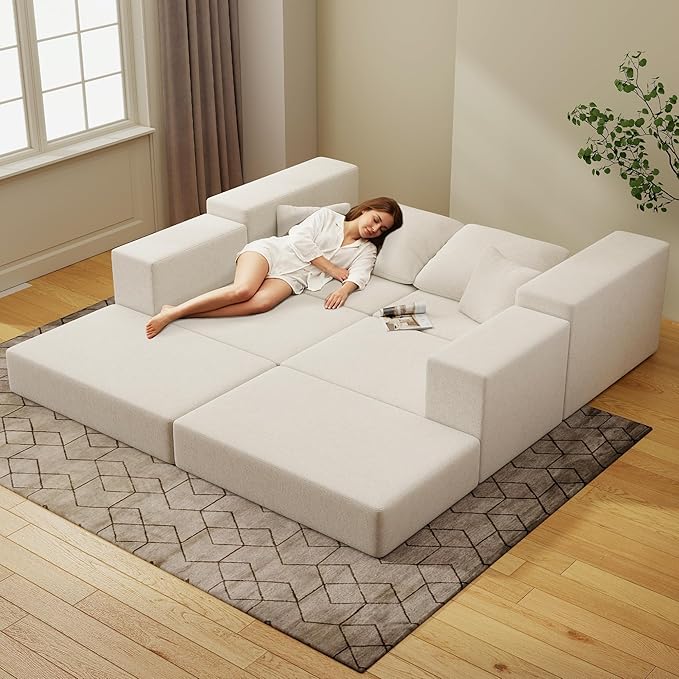 Cloud Modular Sectional Sofa, Comfy Boneless Couch for Living Room, Modern L-Shaped Couch with Reversible Chaise, Customizable Sleeper Sofa with Non Slip, No Assembly & Deep Seat, Beige