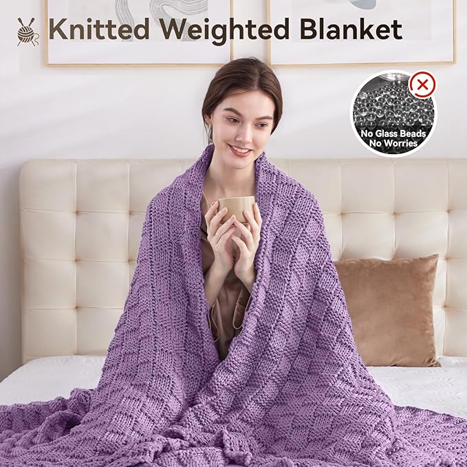 Knitted Weighted Blanket for Adult, No Beads Heavy Blanket 48” x 72'' 12lbs, Breathable Chunky Knit Blanket, Cooling Weighted Blanket for Hot Sleepers, Christmas Home Decor (Lilac)