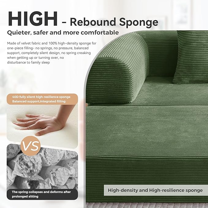 ZQRhome Convertible Folding Couch Bed, Comfy Corduroy Sleeper Floor Sofa Bed with Fixed-Shape Frame, Floor Sofa with Armrest, Lounge Couch for Living Room Bedroom Lounge Studio, High Backrest Green
