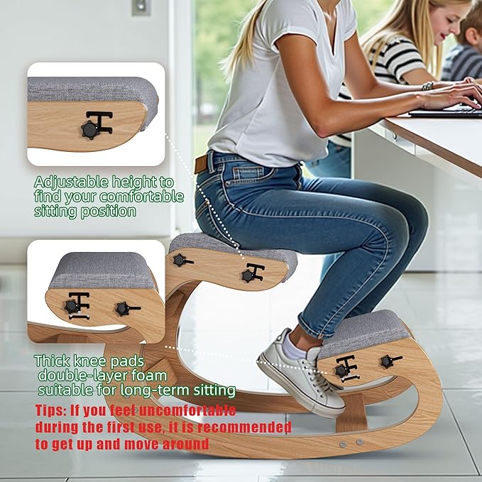 TinyHaven Ergonomic Kneeling Chair with Wooden Frame - Adjustable Height Office Chair with Soft Padding for Back Pain Relief, Posture Correcting Home & Office Desk Chair Wood