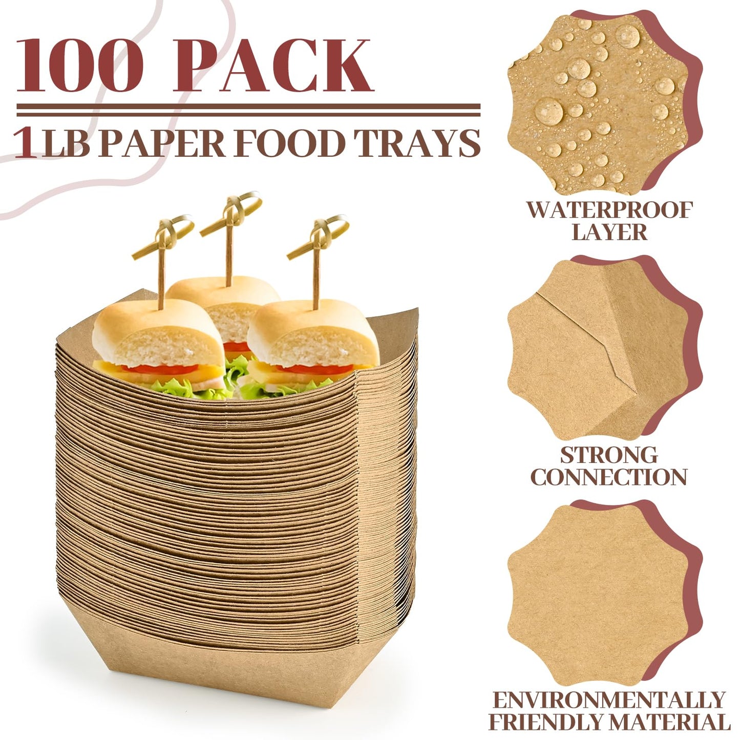 Ocmoiy 1lb Paper Food Trays, 100 Pack Heavy Duty Kraft Food Boats Holders Disposable Serving Basket Trays for Nachos, Fries, BBQ, Festivals, Party