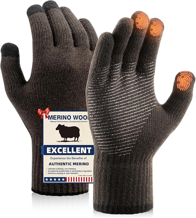 Merino Wool Gloves for Men Women Touch Screen Warm Anti-Slip Glove Liners Thermal for Driving Hiking