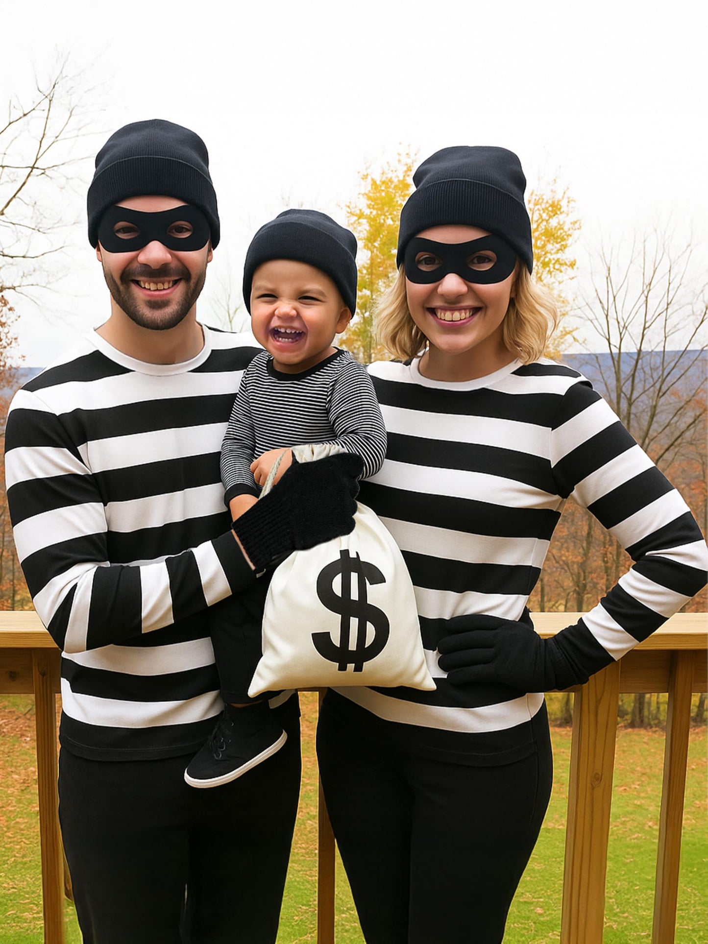 QZYL Robber Costume Set, XL Unisex Thief Cosplay T Shirt Beanie Cap Gloves Eye Masks Money Bags for Halloween
