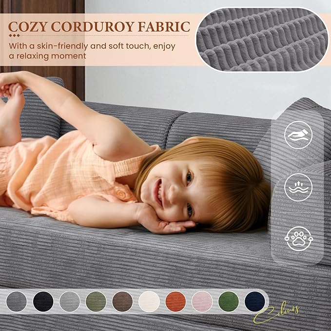 77" Convertible Sofa Bed, Modular Folding Futon Corduroy Floor Foam Compressed Loveseat Sleeper Sofa Couch, Pull Out Queen Size Couch Bed with 2 Pillows for Living Room Guest Room Studio, Dark Grey