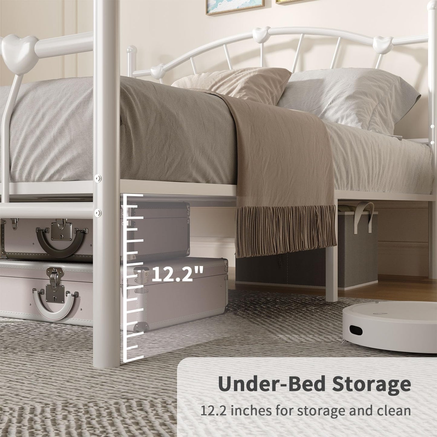 Metal Bed Frame Full Size, Full Bed Frame with Headboard, Heart-Shaped Decorative Headboard and Footboard, Heavy Duty Metal Slat Support, No Box Spring Needed, Noise-Free, Easy Assembly, White