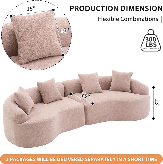 110" Oversized Modern Curved Cloud Sectional Sofa, Luxury Plush Chenille 4-Seater Deep Wide Seat Couch with 4 Pillows, No Assembly Needed Apartment Living Room Furniture, Apricot Cream