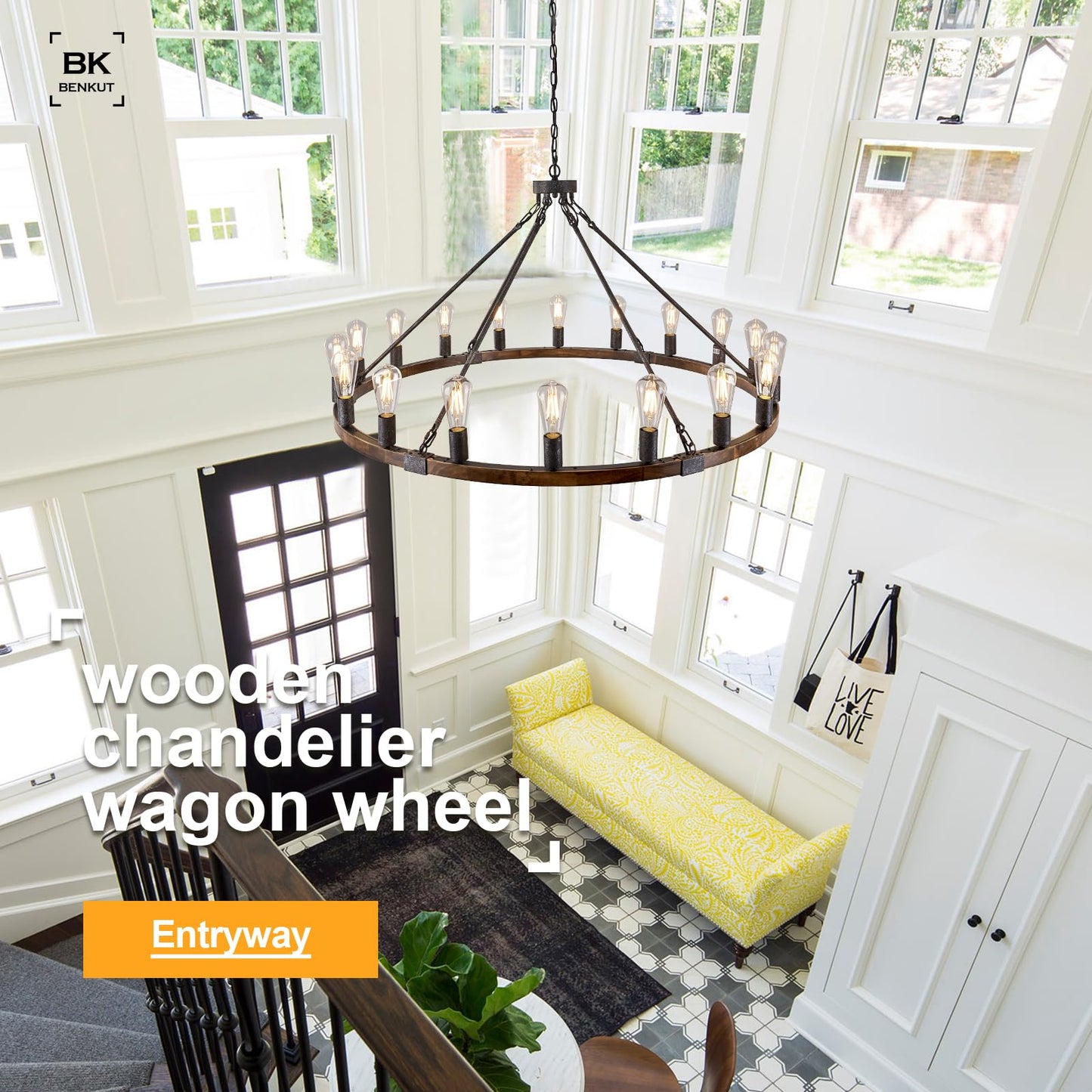 Benkut Farmhouse Wagon Wheel Chandelier 47" Black Rustic Light Fixtures 18-Light Wood Round Chandelier for Foyer Living Room Entryway Dining Room