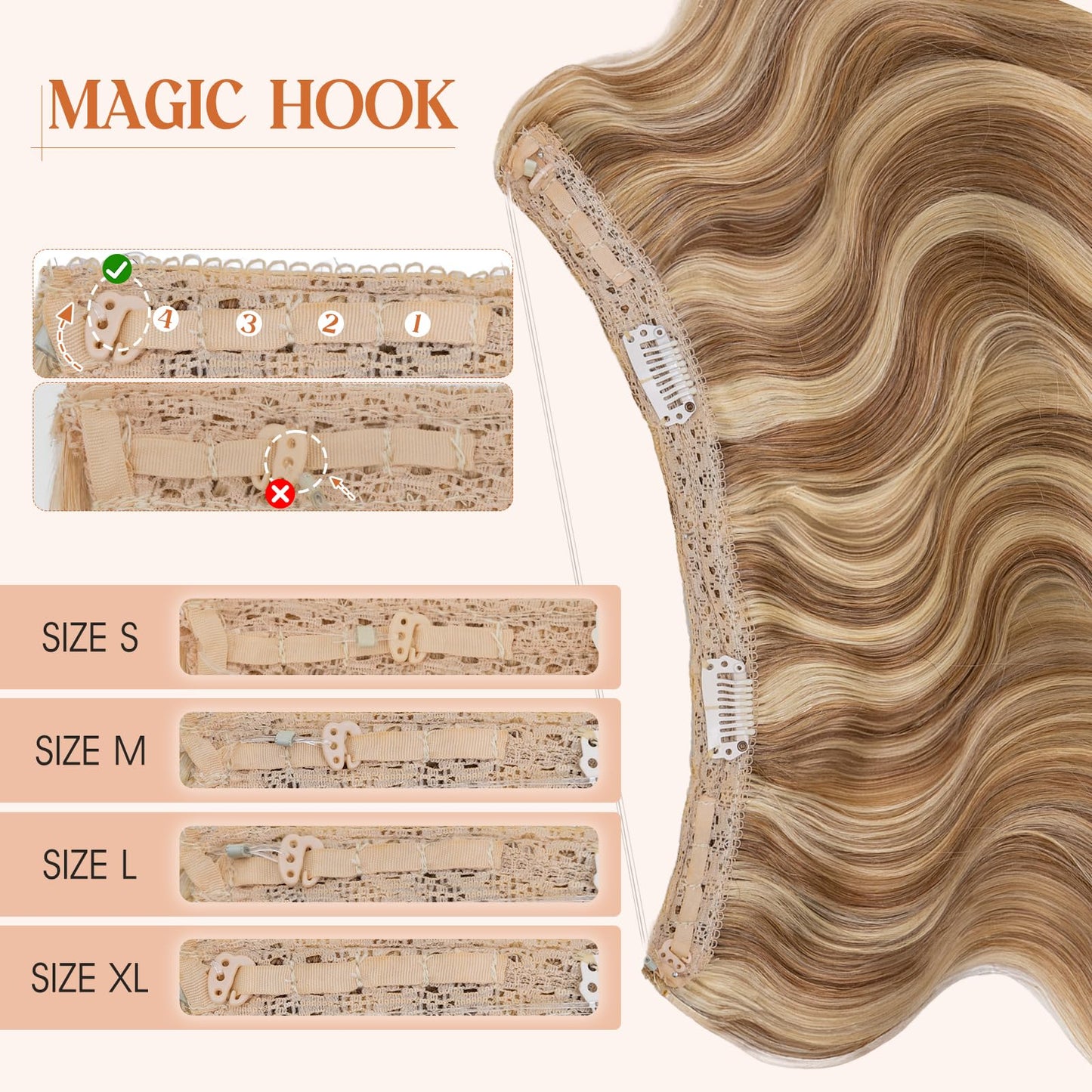 S-noilite Wavy Halo Hair Extensions Real Human Hair,16Inch Invisible Wire Hair Extensions,2 Clips Halo Extensions for Women(Gold