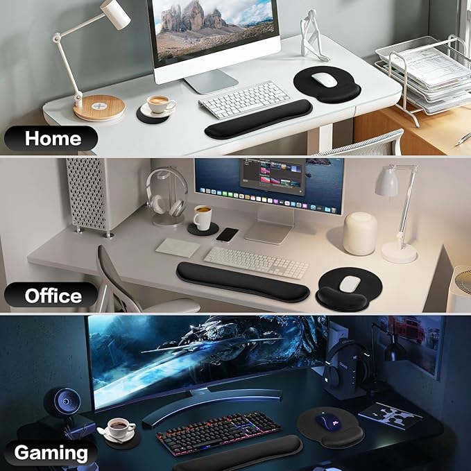 Mouse Pad Black, Ergonomic Keyboard Wrist Rest, Mouse Pad with Wrist Rest Black, Gaming Mousepad with Wrist Support, Memory Foam Wrist Rest Set for Computer Keyboard, Office Desk Accessories