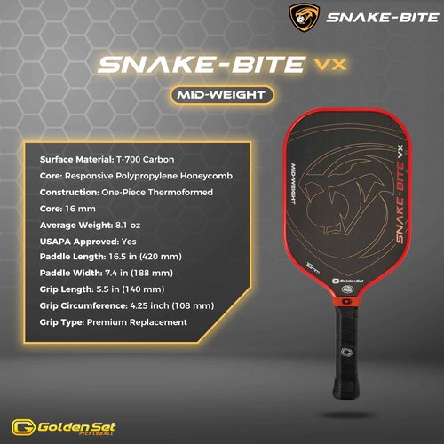 Golden Set Snake-Bite VX Pickleball Paddle | Thermoformed | T-700 Carbon Fiber | Mid-Weight | USAP Approved (1)