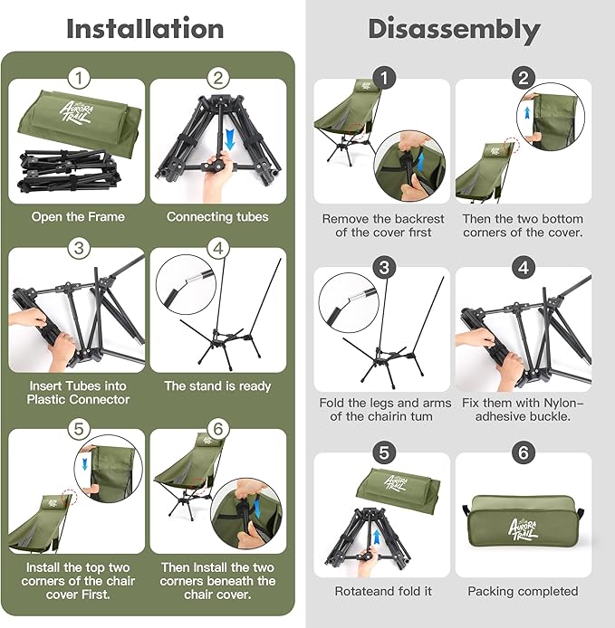 AuroraTrail High Back Folding Camping Chair with Pillow – Lightweight Portable Outdoor Chair with Cup Holder & Carry Bag, Sturdy Aluminum Frame Supports up to 374 lb for Camping, Hiking & Festivals