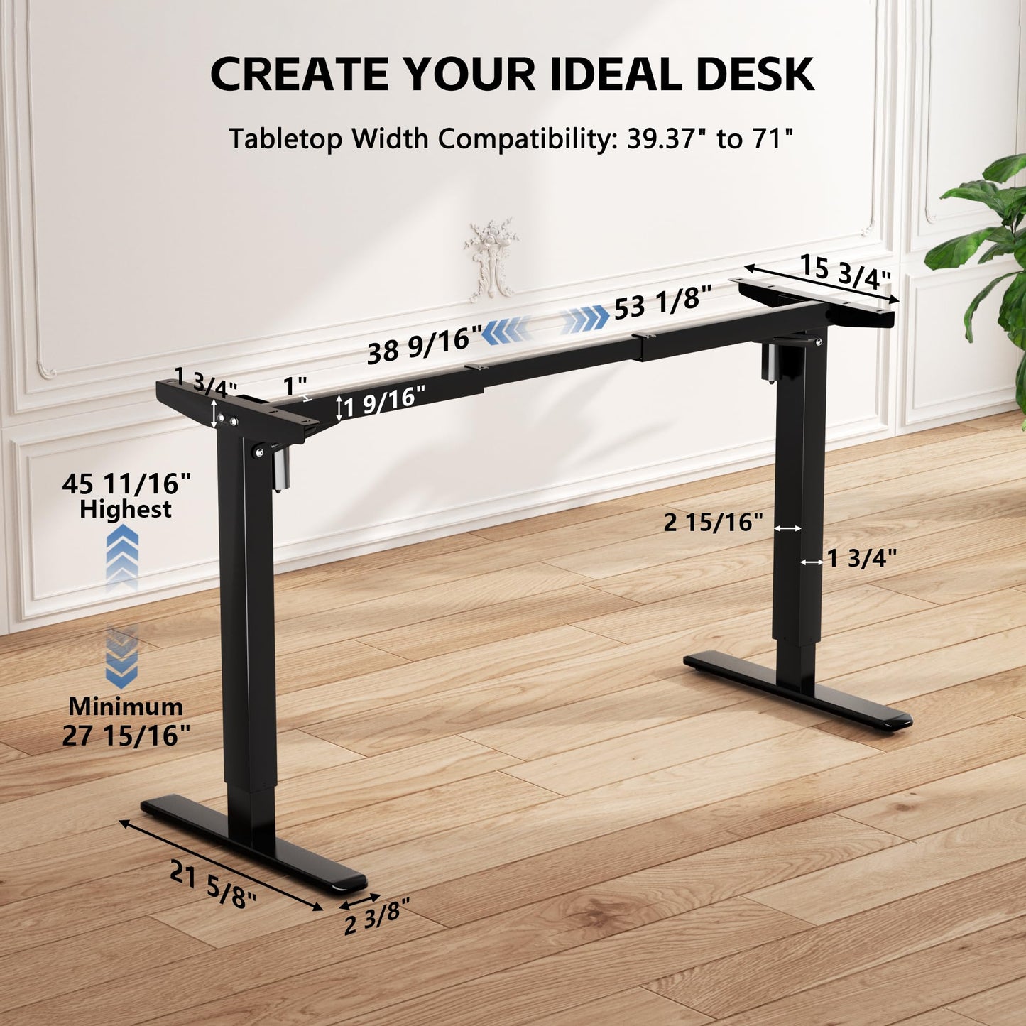 Klobel Standing Desk Frame Dual Motor, Electric Adjustable Legs Compatible Desktop Size 39″-71″, 264 lbs Weight Capacity, Sedentary Reminder Stand Up Desk Frame Workstation, Black Frame Only