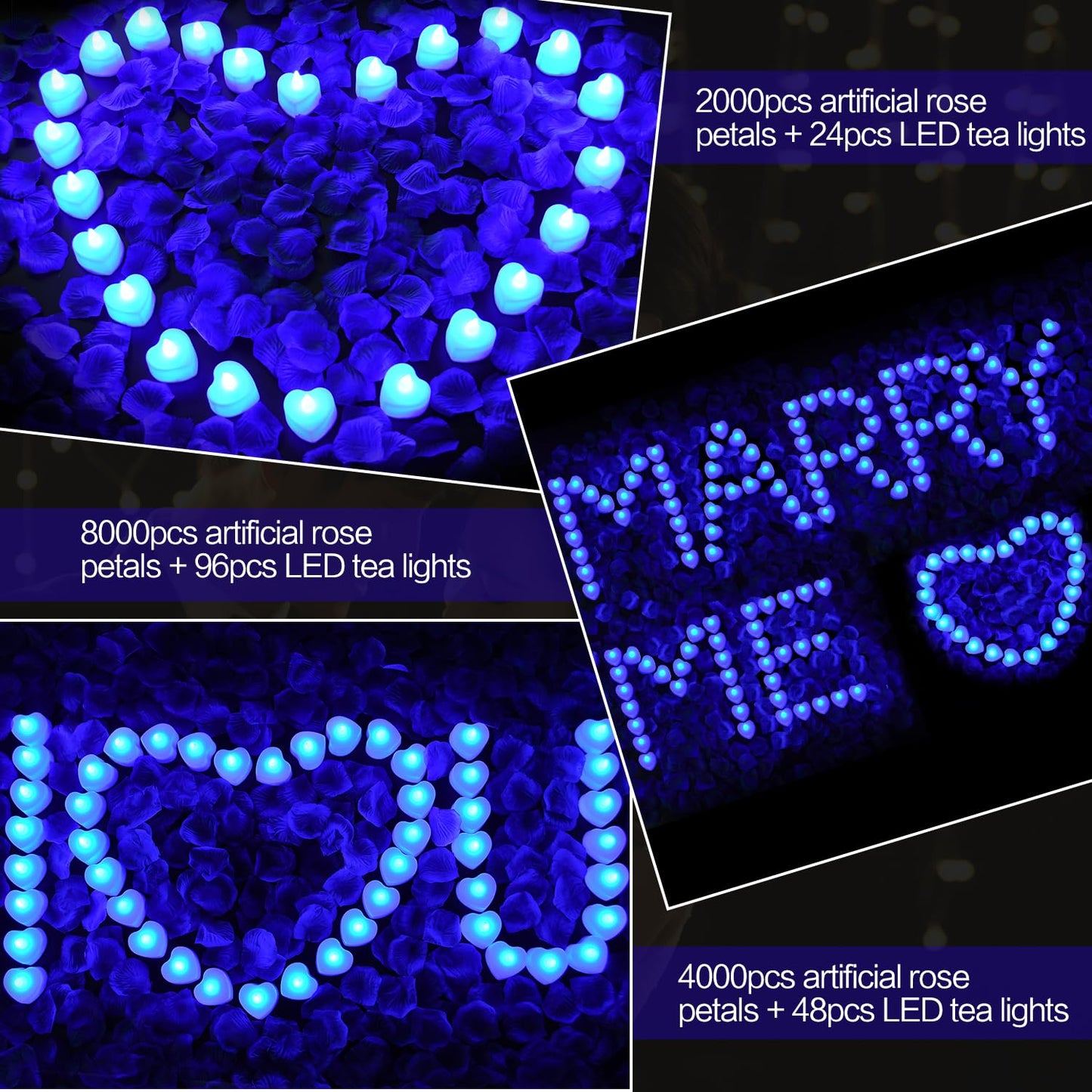 KOABY 8000pcs Blue Artificial Rose Petals with 96pcs Blue LED Tea Lights Kit, for Decor