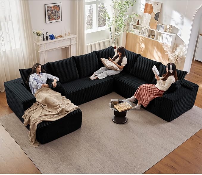 Cloud Sectional Couch with L-Shape Chaise, Upholstered Corduroy Couches Stupendous U Shaped Sofas, Modern Modular Comfy Sofa with Deep Seat for Living Room Bedroom, No Assembly Required, Black