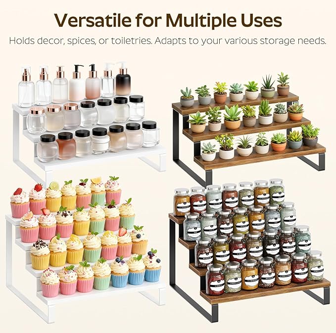 Spice Rack, 3 Tier Wooden Display Riser Stand, Kitchen Storage Organizer for Spices, Versatile Display Shelf, Space Saving, for Kitchen Countertop and Cabinet, Rustic Brown SR03L2BR