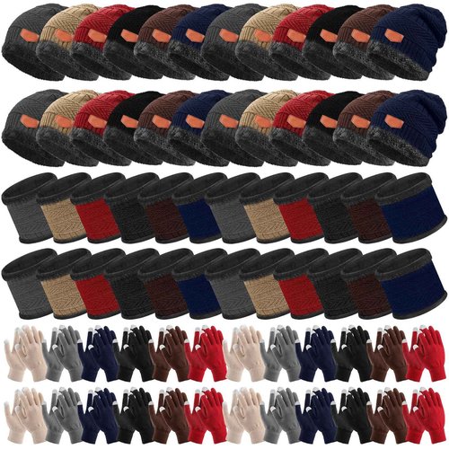 Liitrsh 72 Pcs Winter Beanie Hat Scarf Touchscreen Gloves Set Includes 24 Warm Winter Hat 24 Knit Neck Warmer 24 Touch Screen Mittens with Fleece Lined for Men Women, 6 Colors