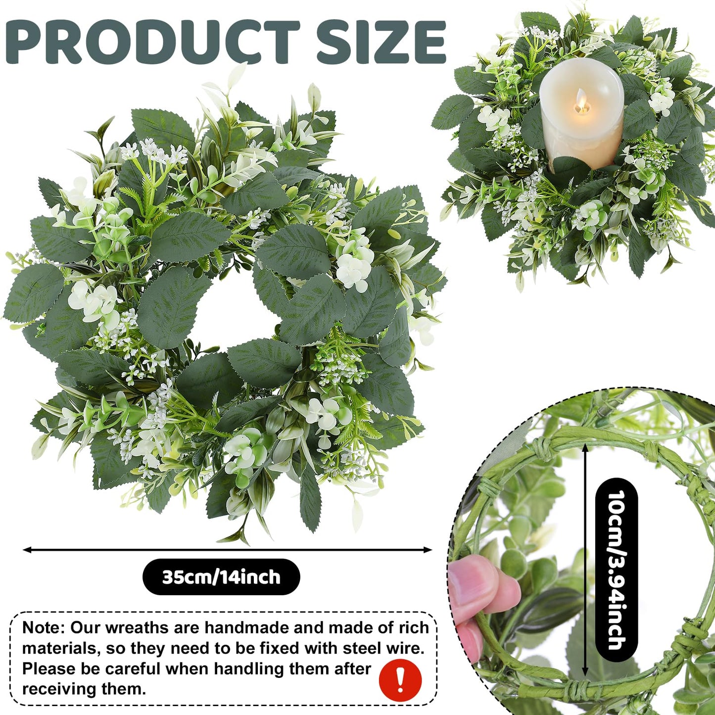 6PCS Artificial Eucalyptus Leaves Wreaths Candle Rings Wreaths Summer Greenery Garland Pillar Holder for Home Wedding Party Table Centerpiece Green