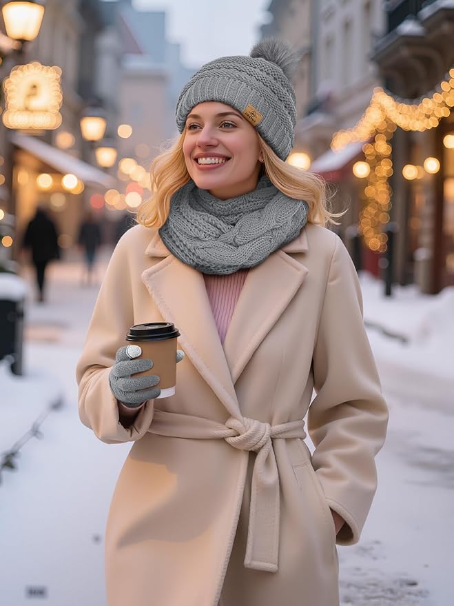 URATOT 4-In-1 Winter Warm Sets Knitted Scarf Touch Screen Gloves Beanie Pompom Hat and Winter Ear Warmer for Men or Women
