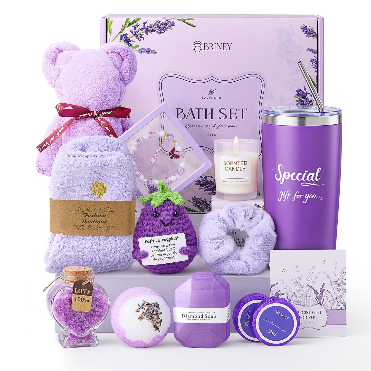 Briney 14Pcs Birthday Gifts for Women, Care Package for Women, Gift Basket, Unique Relaxing Lavender Themed Present for Mom Wife Sister Best Friend, Purple